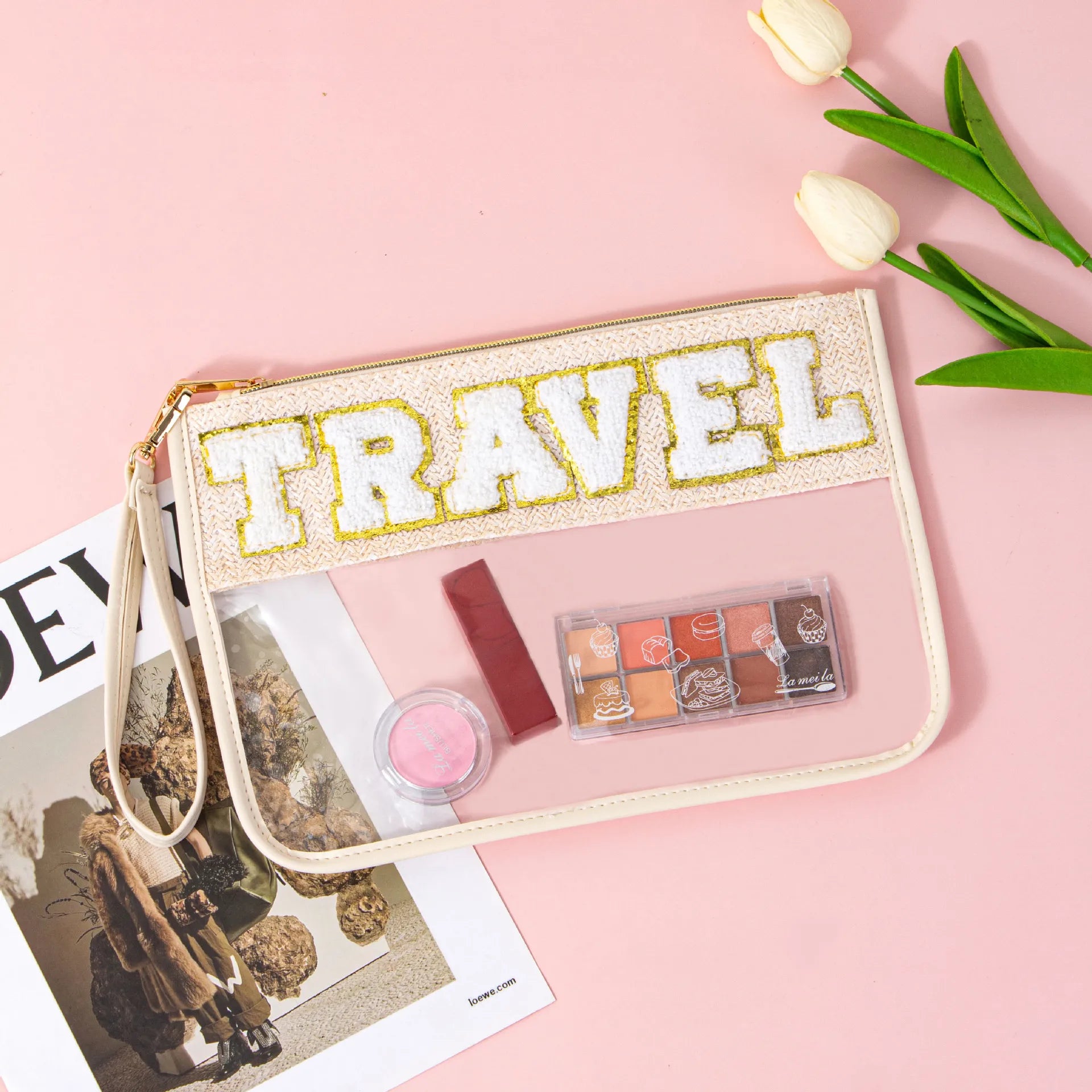 Wholesale Color Large Capacity Letters Makeup Bag Customization Pvc Clear Snacks Bag Women Zipper Cosmetic Pouch