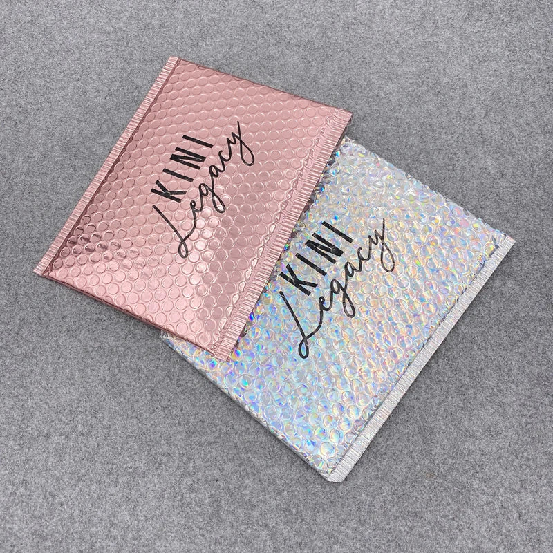 Custom Logo Printed Envelopes Padded Bubble Mailing Bags 6x10 Glitter Metallic Foil Holographic Rose Gold Bubble Mailers