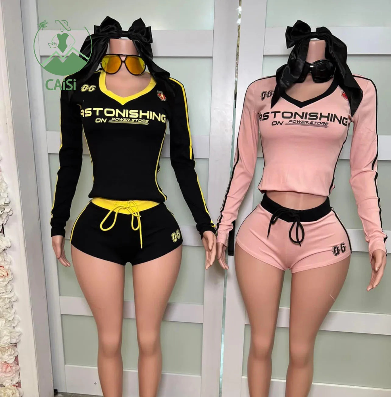 Women's Fall Clothing 2025 Shorts Set Print V-neck Color Blocked Long Sleeved T-shirt Elastic Waist Shorts 2 Piece Set for Women