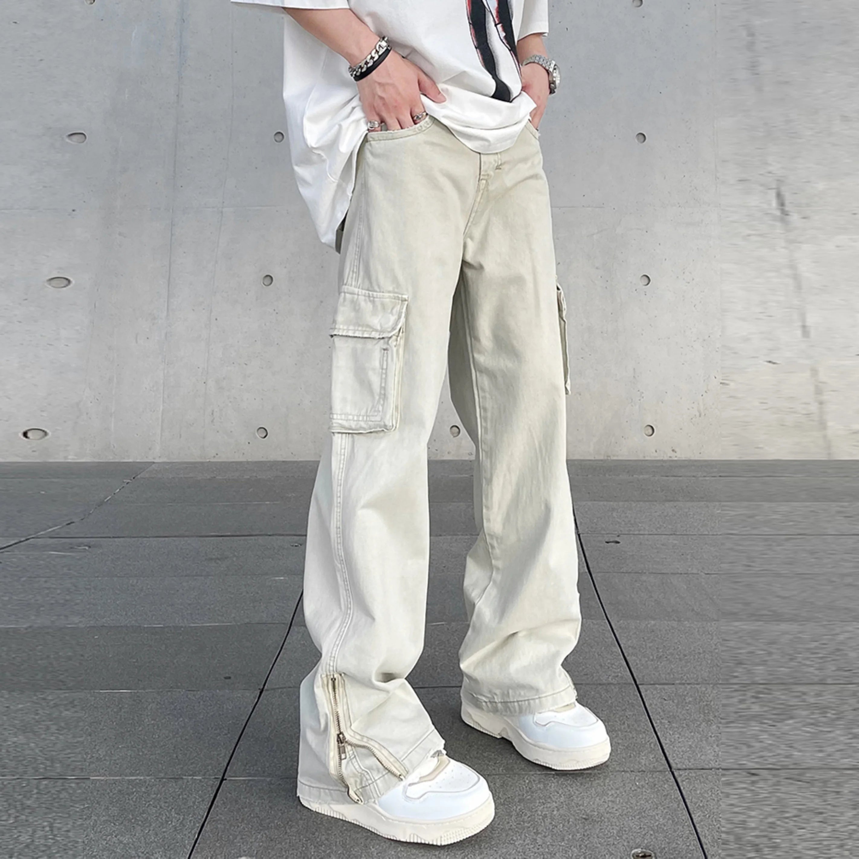 OEM Custom Twill Cotton Sweatpants Mid Waist Street Style Baggy Straight Leg Pants with Side Pocket Plain Dyed
