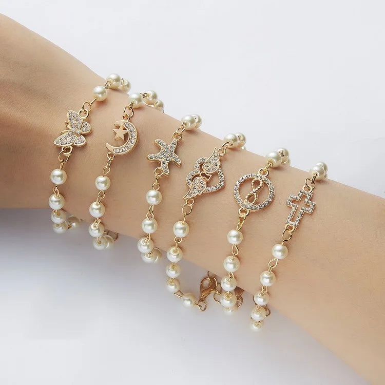 2025 Crystal Wholesale Fashion Cross 8-shaped Round Pearl Bracelet Multi Design Adjustable Bracelet