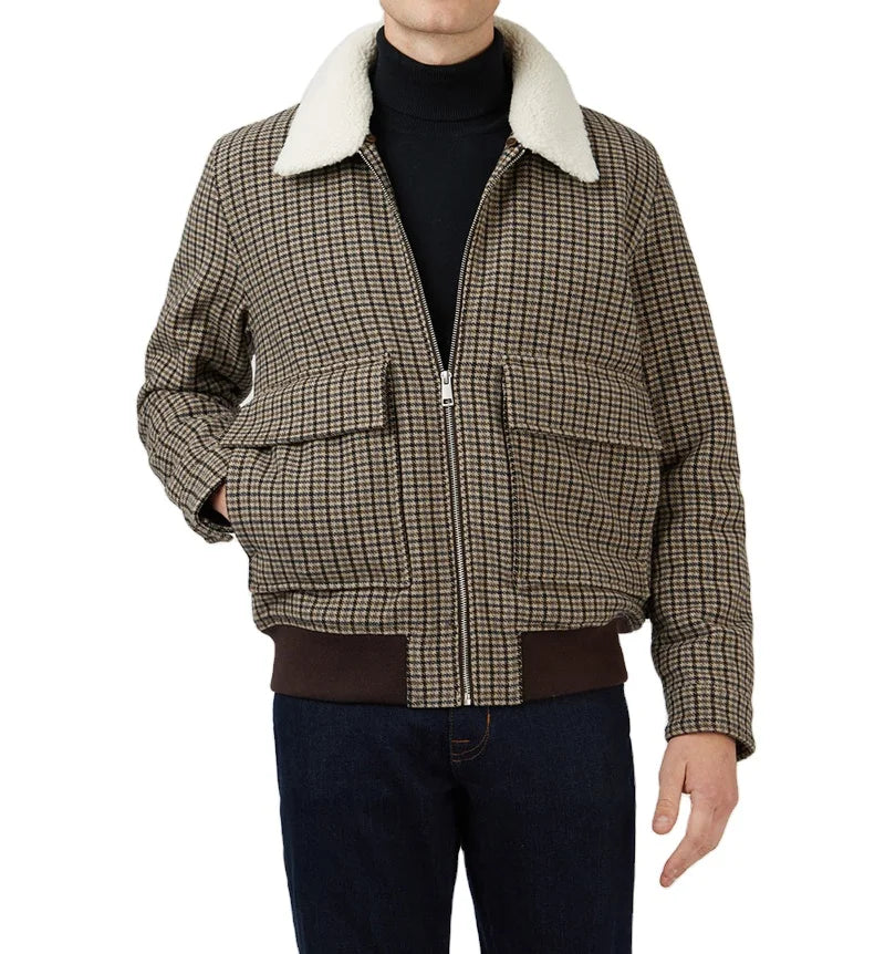 Oem Service Custom Men Autumn Zipper Casual Eco-Friendly Thick Polyester/Cotton Bomber Jacket Plaid Pattern Hooded Discharge