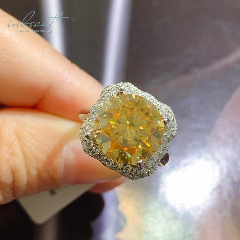 Silver 925 Original 5 Carat Brilliant Cut Diamond Test Past Sparkling Yellow Moissanite Cushion Ring for Women Fine Jewelry
