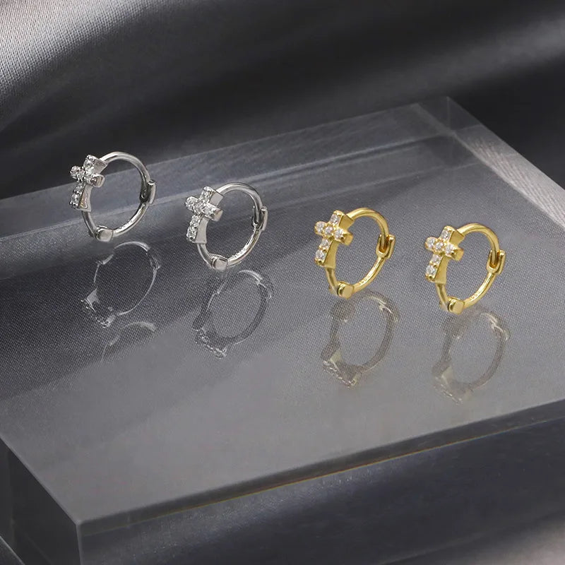 S925 Sterling Silver Diamond Cross Ear Buckle Female Simple Small Cold Wind Temperament Net Red Personality Ear Earrings