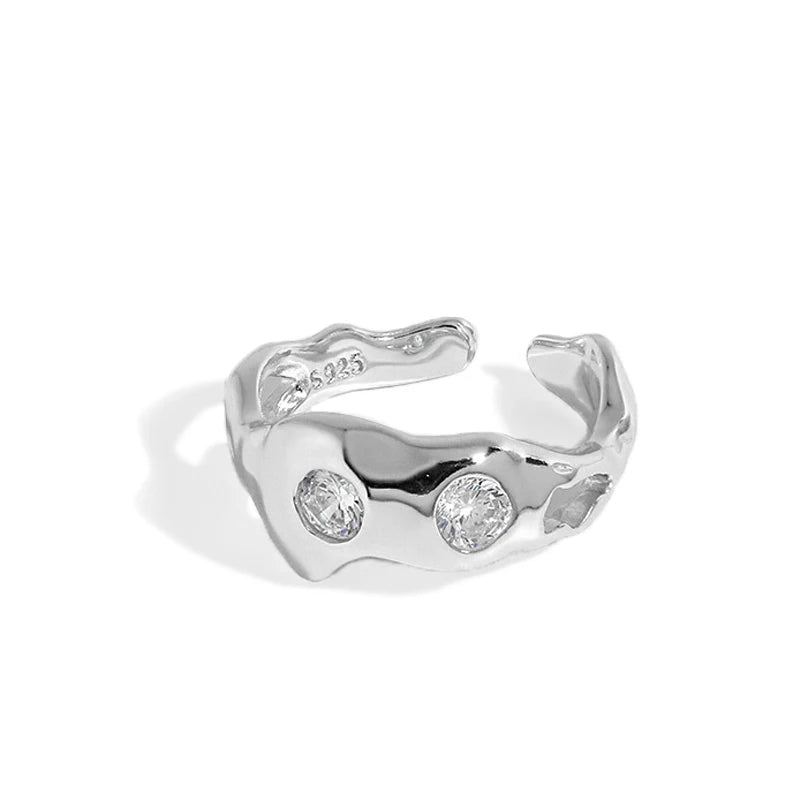 Zirconia 925 Sterling Silver Irregular Wave Rings Glossy Minimalist Elegant Open Rings for Women Fashionable Party Jewelry