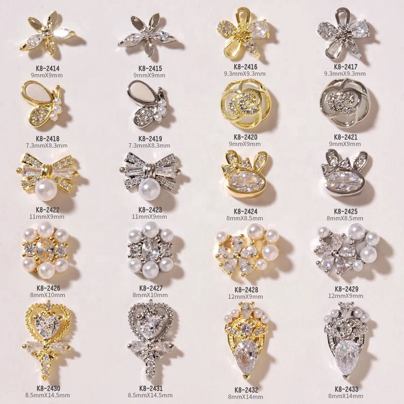 Paso Sico 3D French Style Magic Diamond Zircon Pearls Bow Nail Art Charms with Shimmer Color Luxury Nail Accessories