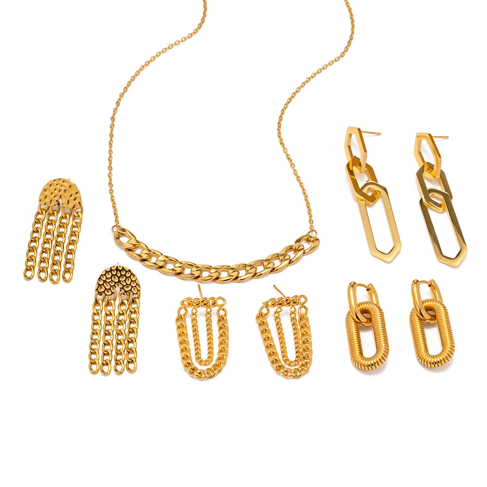 Minimalist Stainless Steel 18k Gold Plated Cuban Chain Necklace Long Chain Stud Tassel Chunky Earrings Set