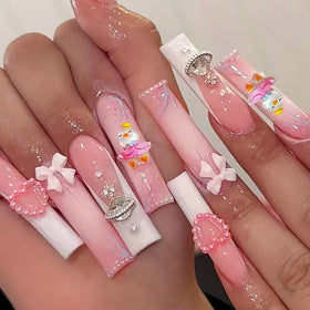 Cute Candy Series Super Long Removable Nail Tips ABS Pink Shiny with Pearl Decorations for Fingers