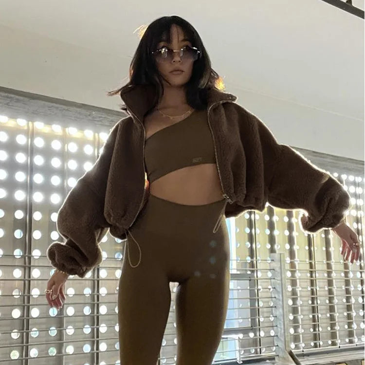 New Arrival Fashion Plush Jacket Zipper Loose Jacket High Neck Long Sleeve Casual Jacket