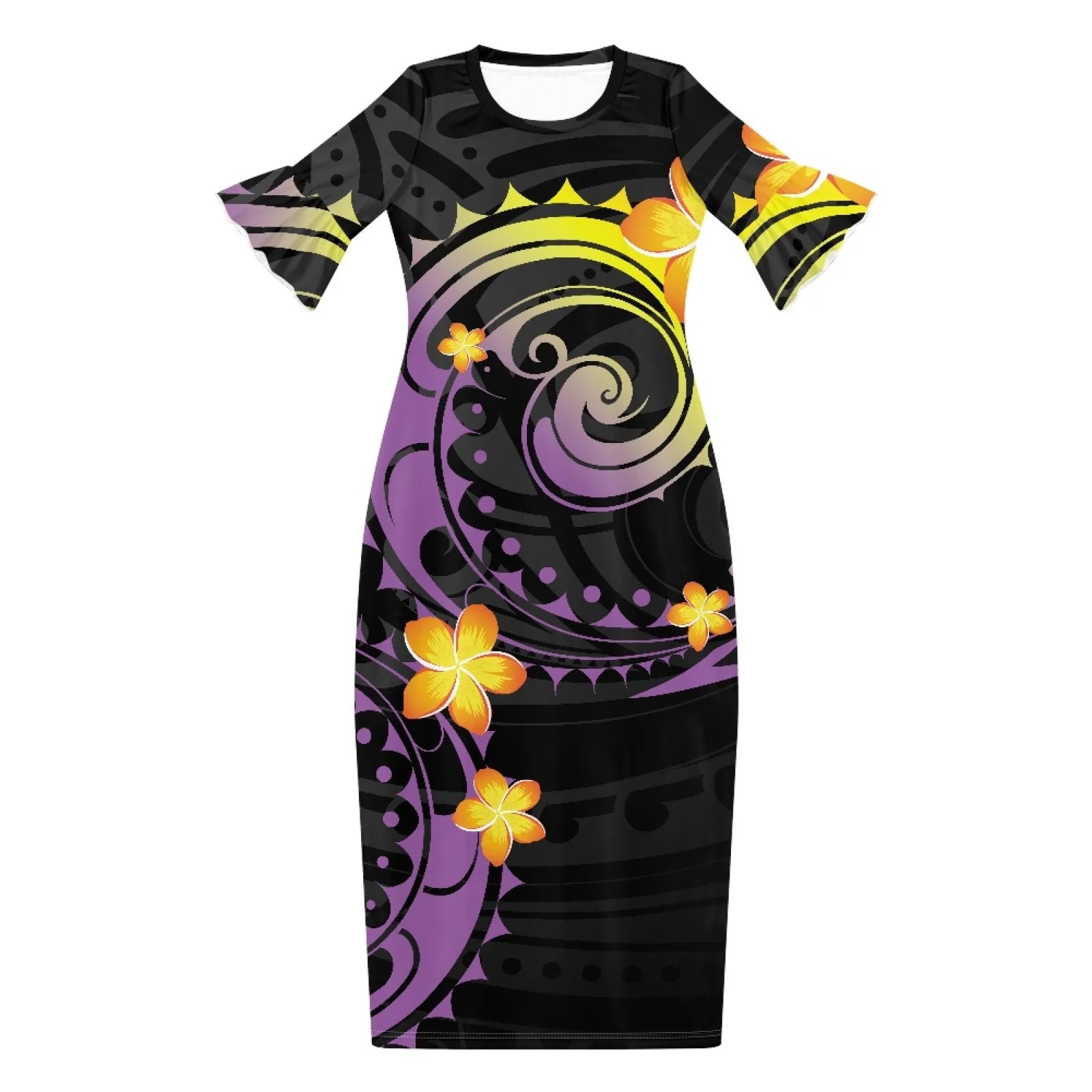 2025 Women's Spring Summer Boho Polynesia Hawaiian Floral Print O-Neck Faux Wrap Maxi Dress for Wedding Guest Graduation Party