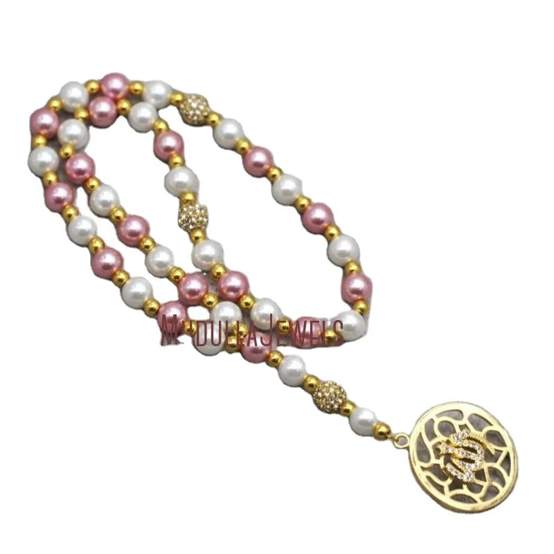 MU4539 Eid Gift Pink and White  Pearl Gold Plated Allah Islamic Tasbih Muslim Prayer Beads Tasbih of Fatimah