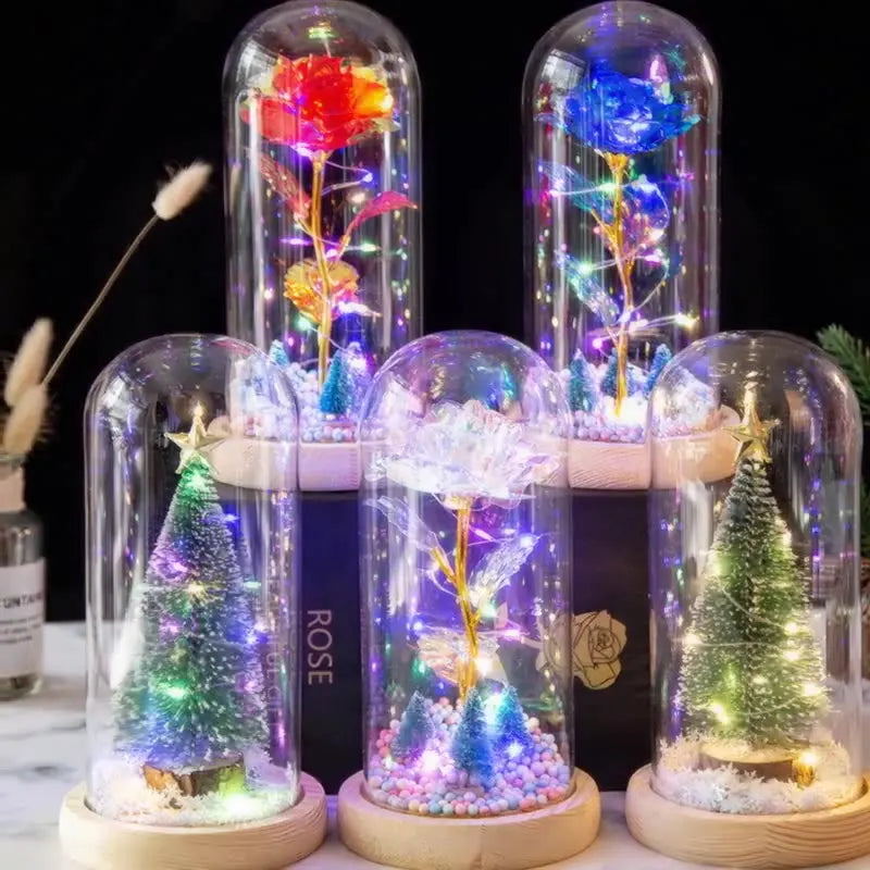 Glass Cover Luminous Decoration Piece Gold Foil Rose Gift LED Lamp Decoration Gift for Valentine's Day Christmas