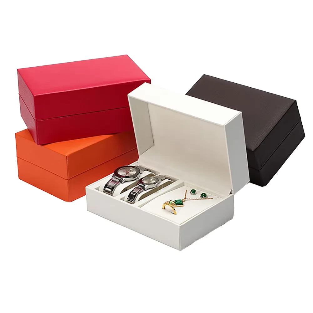 Wholesale Luxury Rectangle PU Leather Velvet Hinge Snap Closure Custom Logo Handmade Travel Storage Packaging Watch Jewelry Box