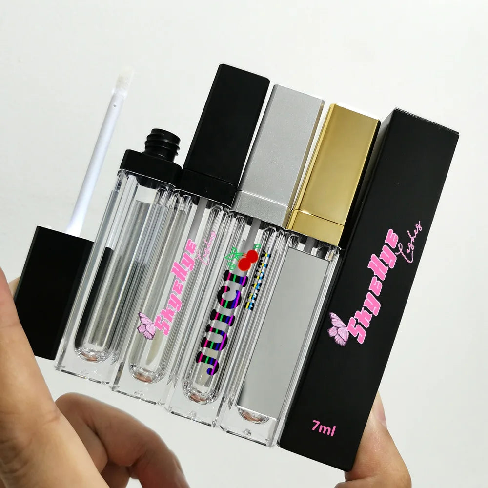 Custom Logo Hot Sale 7ml Matte Black square LED Lip Gloss Tubes Container With Led Light and Mirror Wholesale