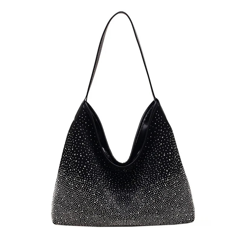2024 Hot Luxury Women Gradient Black Color Sparkly Party Hobo Bucket Handbag Hobo Silver Rhinestone Shoulder Underarm Bag