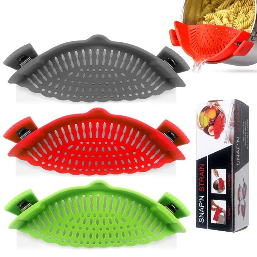 Wholesale Silicone Snap Strainer Adjustable Silicone Pot Strainer for Pasta Vegetable Noodles Pot Bowl