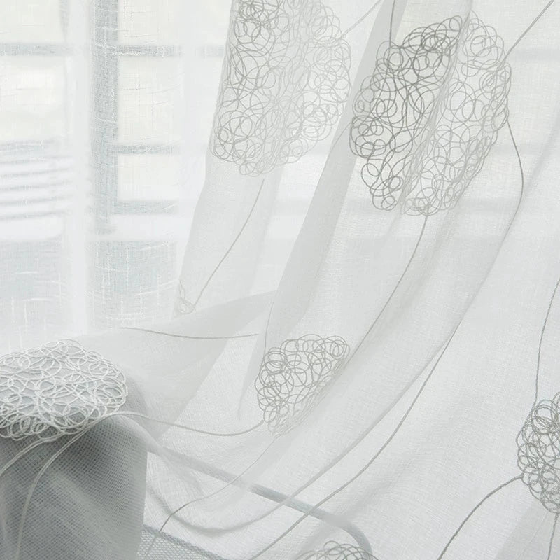 XinLan White Floral Embroidered Sheer Curtains  Living Room Modern Tulle Drapes Bedroom Voile Curtain