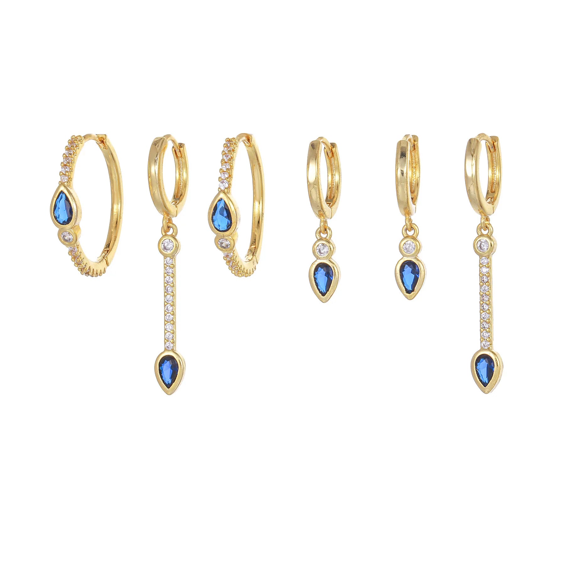 New Fashion Jewelry Blue Heart Zircon Earrings Set 18K Gold Plated Earrings Light Luxury Fringe Six-Piece Set Earrings for Women