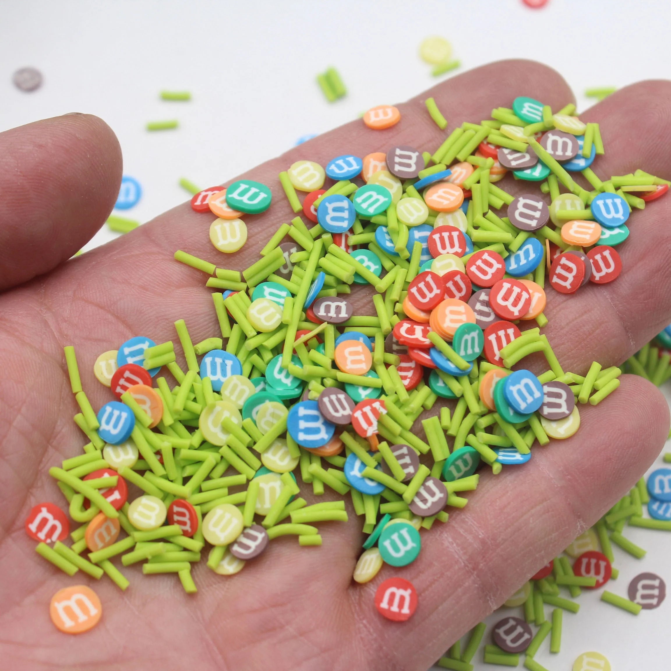 1KG Green Long Candy Polymer Clay Slice Sprinkles M Beans Figurine Pattern for DIY Crafts and Slime Shaker Filling