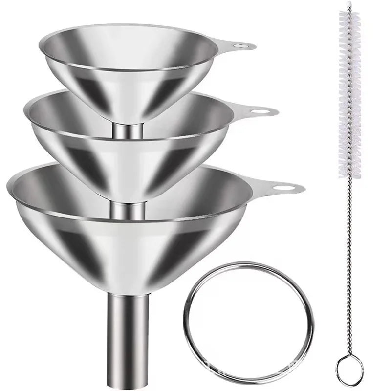 Hangable 3-Piece Stainless Steel Oil Funnel Set with Brush Kitchen Wide Mouth Liquid and Powder Dispenser for Home Use