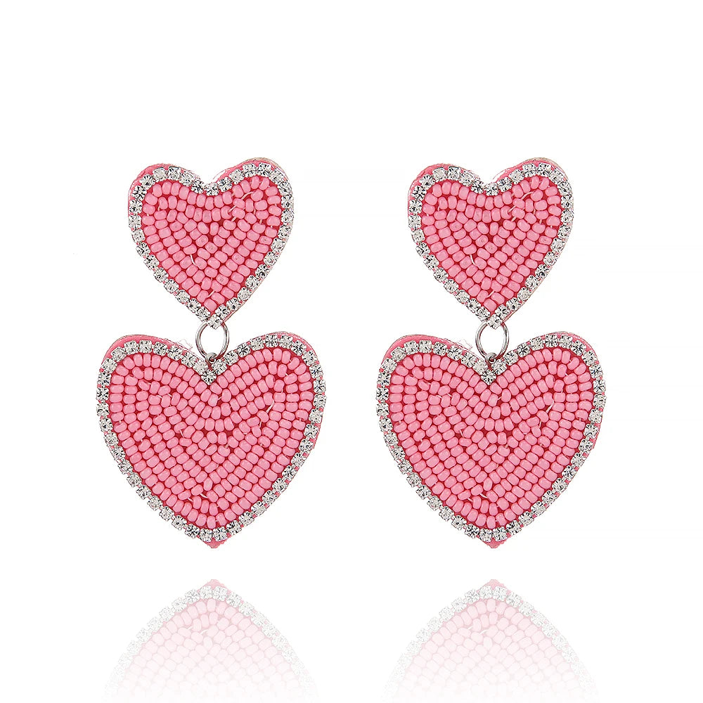 2024 Handmade Red Seed Bead Heart-Shaped Earrings Fashion Statement Gift for Women Drop Earrings with Love Design
