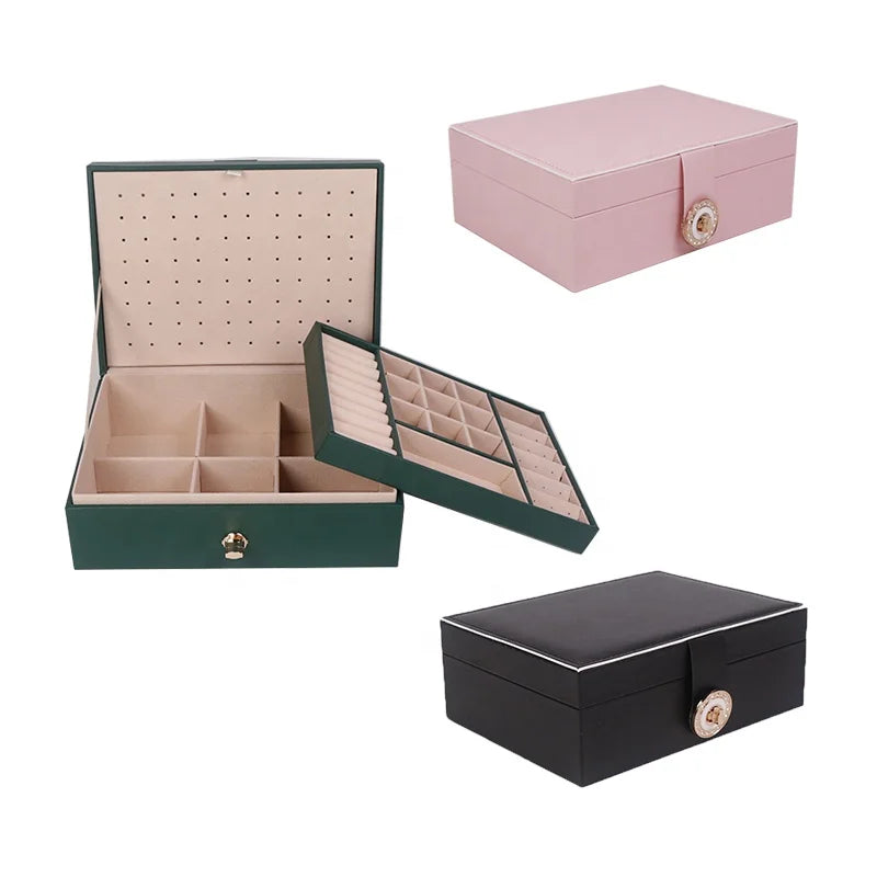 Large PU Leather Travel Jewelry Case Organizer 2-Layer Design for Storing Rings Earrings Necklaces Other Jewellery Items