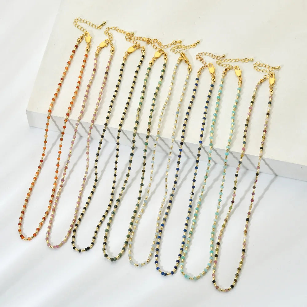 Fashion 2MM Faceted Natural Stone Handmade Beaded Necklace Same Style Colorful Seed Beads Drawstring Bracelet Women's Jewelry
