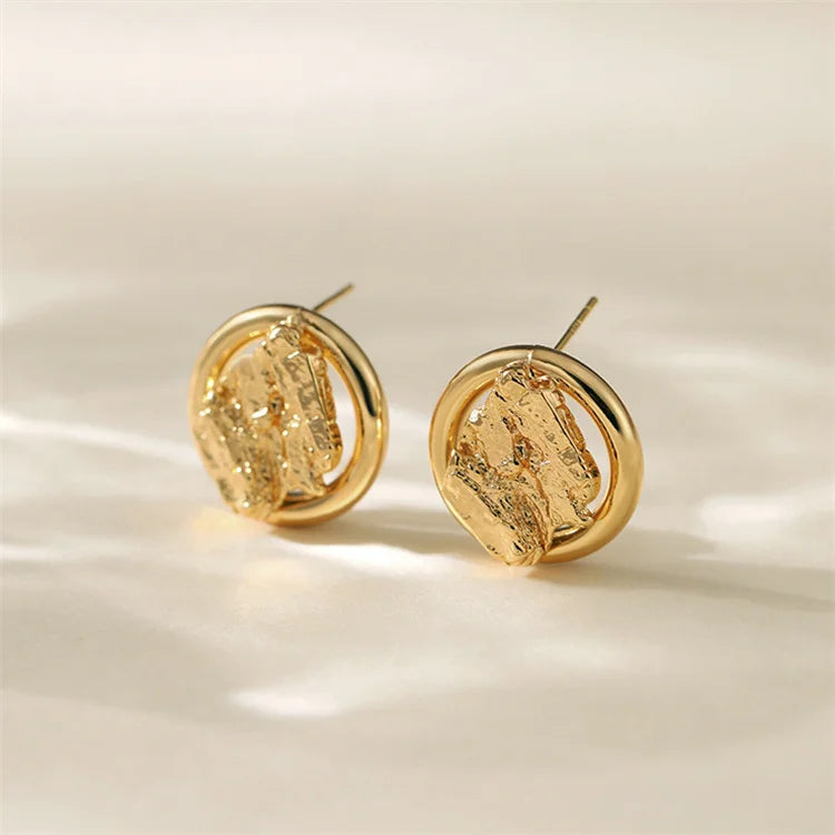 New Design Fashion High Sense Retro British Style Pop Ladies Circle Irregular Brass Gold Silver Stud Earrings