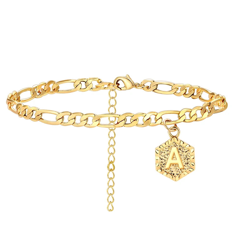 Wholesale Gold Plated 26 Initial Ankle Bracelet Anklets Cuban Link Stainless Steel Anklet  for Women