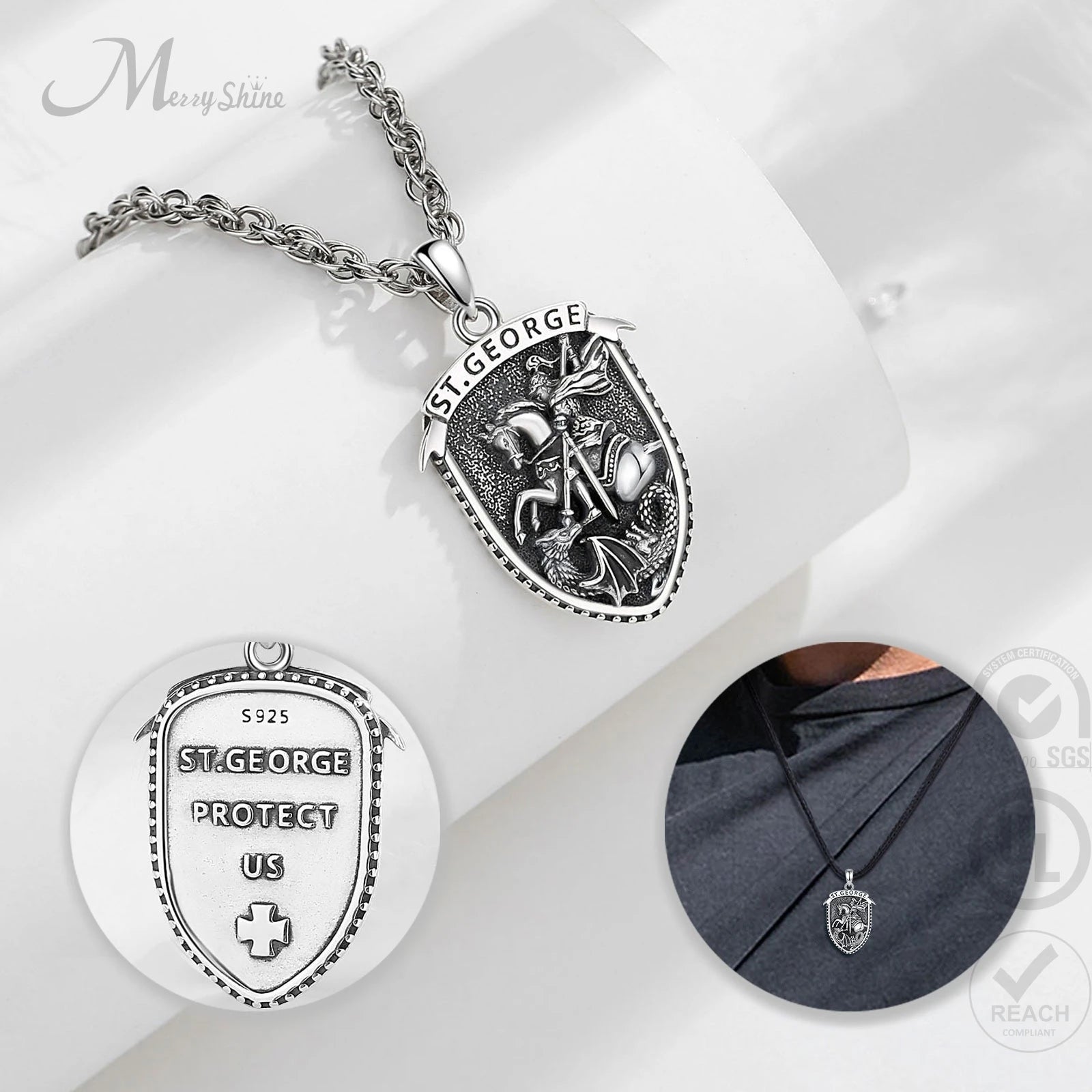 Merryshine 925 Sterling Silver 8.56g Weight protection Amulets Fine Jewelry Saint George Pendant Necklace  for Men