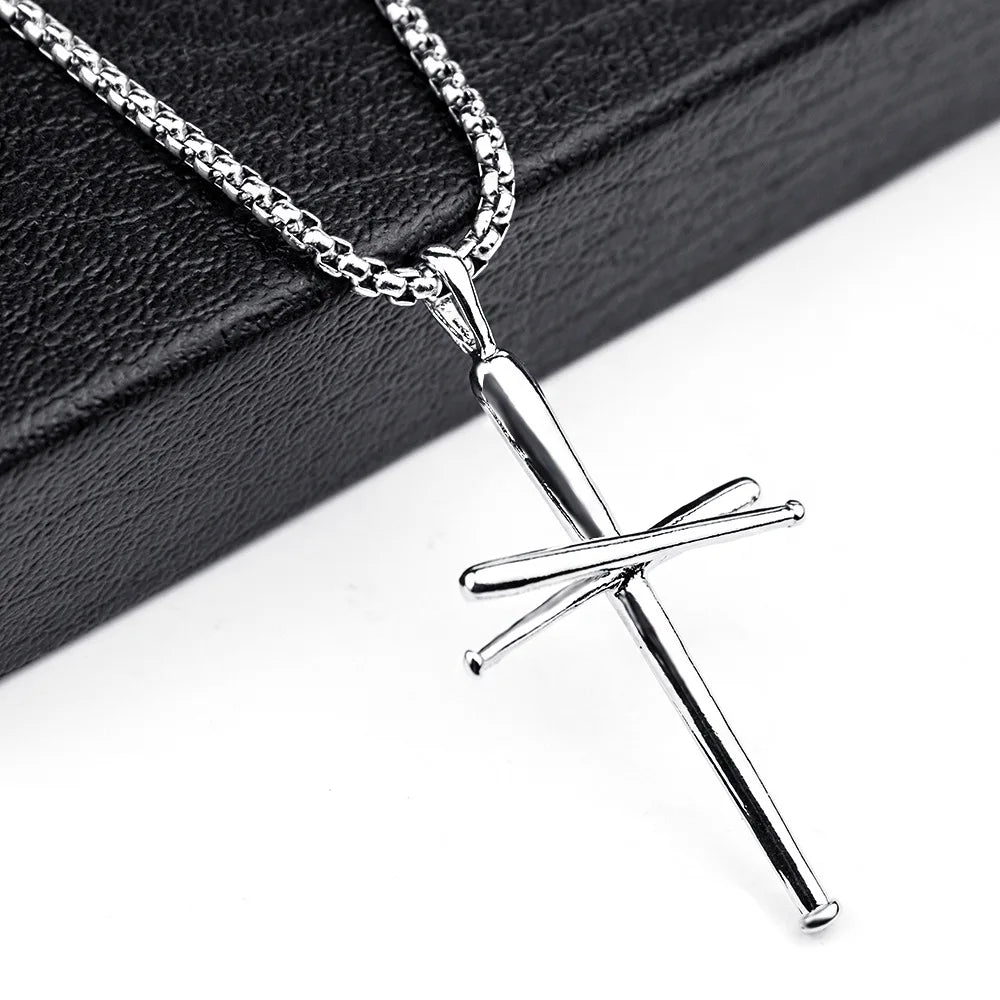 SC Hip Hop Cross Pendant Necklace Silver Color Cross Necklace Sports Baseball Cross Necklaces Pendant for Boys Men