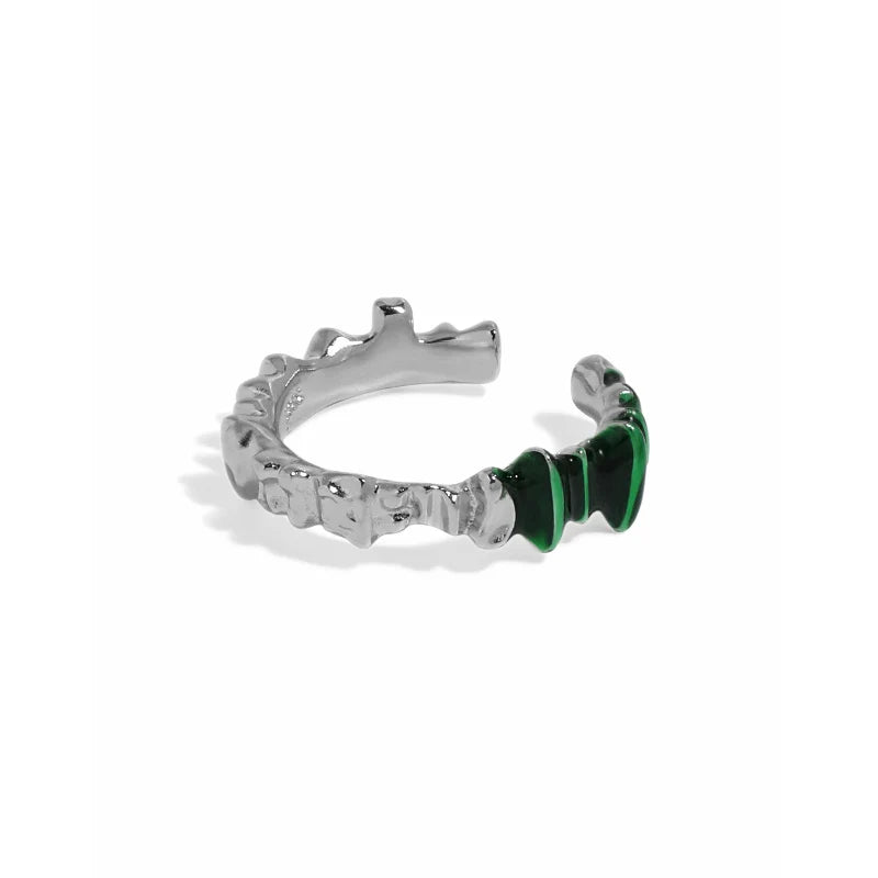 WMJT685 Adjustable Ring for Women Girls Simple Retro Jewelry Gifts Green Irregular Wave Enamel Glaze Sterling Silver 925 Ring