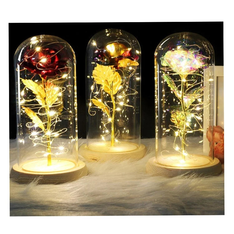 Christmas Tree Santa Claus in Glass Dome Gift Love Roses Tube LED Light Flower Christmas Tree and Beast Rose in Glass Xmas Gift