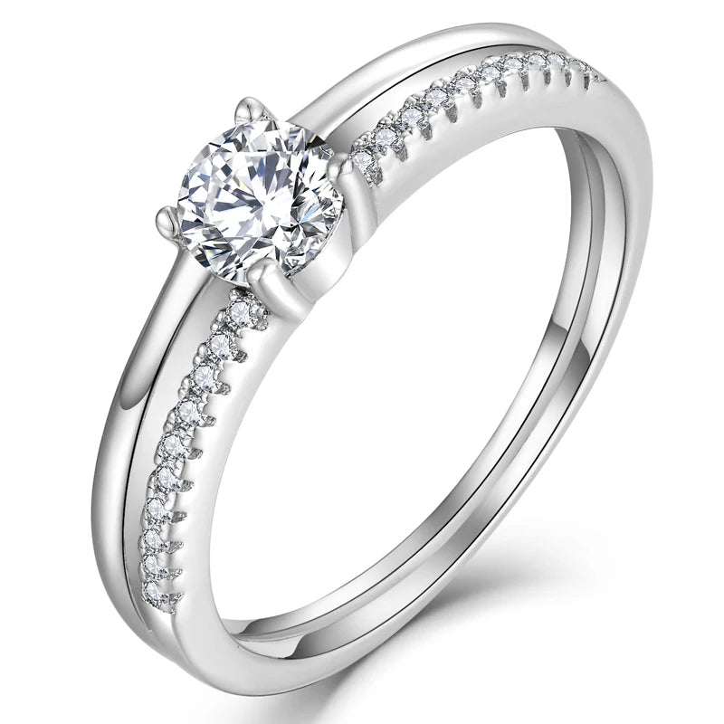925 Sterling Silver Zircon Engagement Ring Straight Flush Rhodium Plated Wedding Band for Perfect Wedding or Anniversary Gift