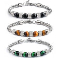 Luxury New Arrive Silver Plated Titanium Stainless Steel Chain Real Natural Stone Beads Tiger Eyes Bracelet Jewelry for Men