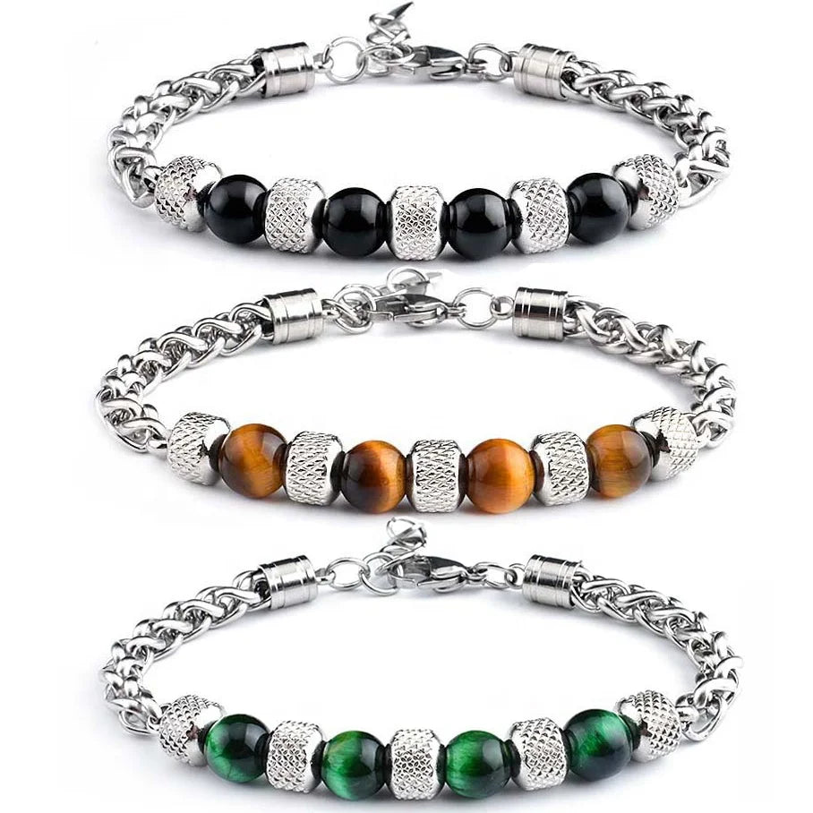 Luxury New Arrive Silver Plated Titanium Stainless Steel Chain Real Natural Stone Beads Tiger Eyes Bracelet Jewelry for Men