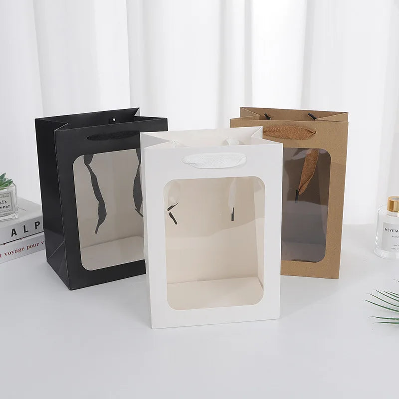 Wholesale Transparent Window Birthday Gift  Flowers Tote Paper Bags Clear Window Gift Bag