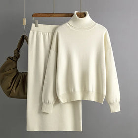 One Size Solid Color High Neck Sweater Half Body Wrap Hip Skirt Two-piece Set New Knitting Set for Autumn and Winter