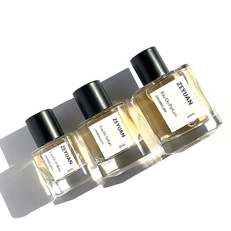30ml 50ml 100ml square Perfume Glass Bottle clear Empty with and Crimp Sprayer with Black Lid