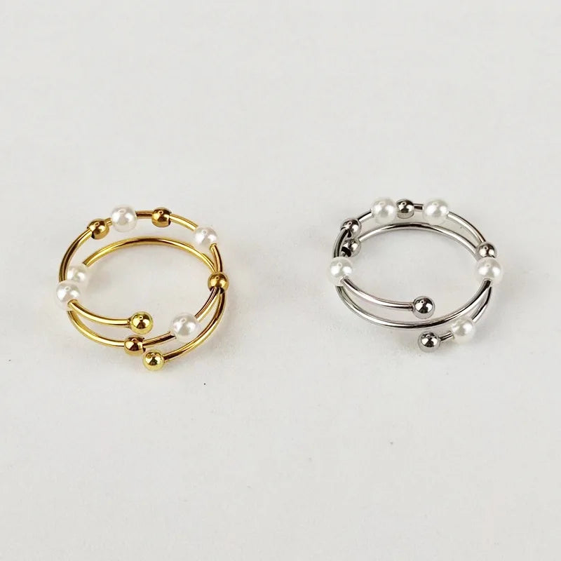 Simple Multi Layer Spin Spiral Decompression Rings Gold Plated Stainless Steel Pearl Bead Coil Anxiety Finger Rings