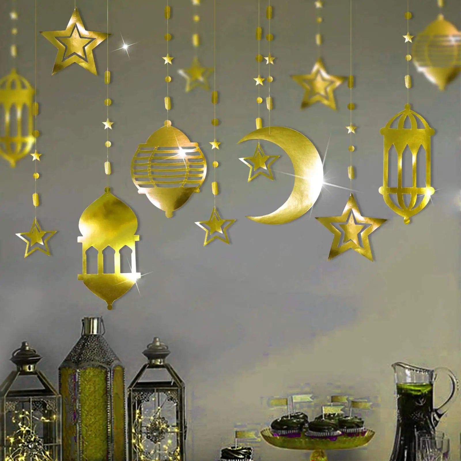 Shining Gold Star Moon Lantern Ramadan Garland EID Decoration Home Happy Ramadan Mubarak Party Banner Hanging Decoration XJ0265