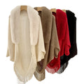New Winter Women Faux Fur Collar Knitted Shawl Warm Fashion Elegant Batwing Poncho Long Cloak With Tassel Cardigan