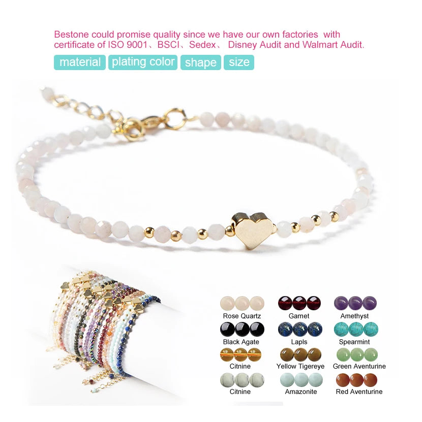 Bestone Metal Heart Hot Sale 3mm Pink Opal Beads Stone Bracelet