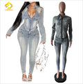 Fashion Fall Female Long Sleeve Denim Zipper Jackets Women 2 Piece Elastic Jean Pants Winter Denim Set