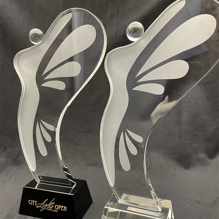 PUJIANG Customized Butterfly Shaped Award Woman Angel Wing K9 Crystal Engraved Trophy Love Theme UV Printing Zhejiang Origin