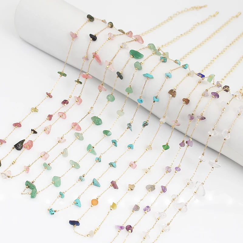 Wholesale Irregular Natural Stone Brass Necklace 14k Gold Plated Chain Handmade Gemstone Chain Jewelry