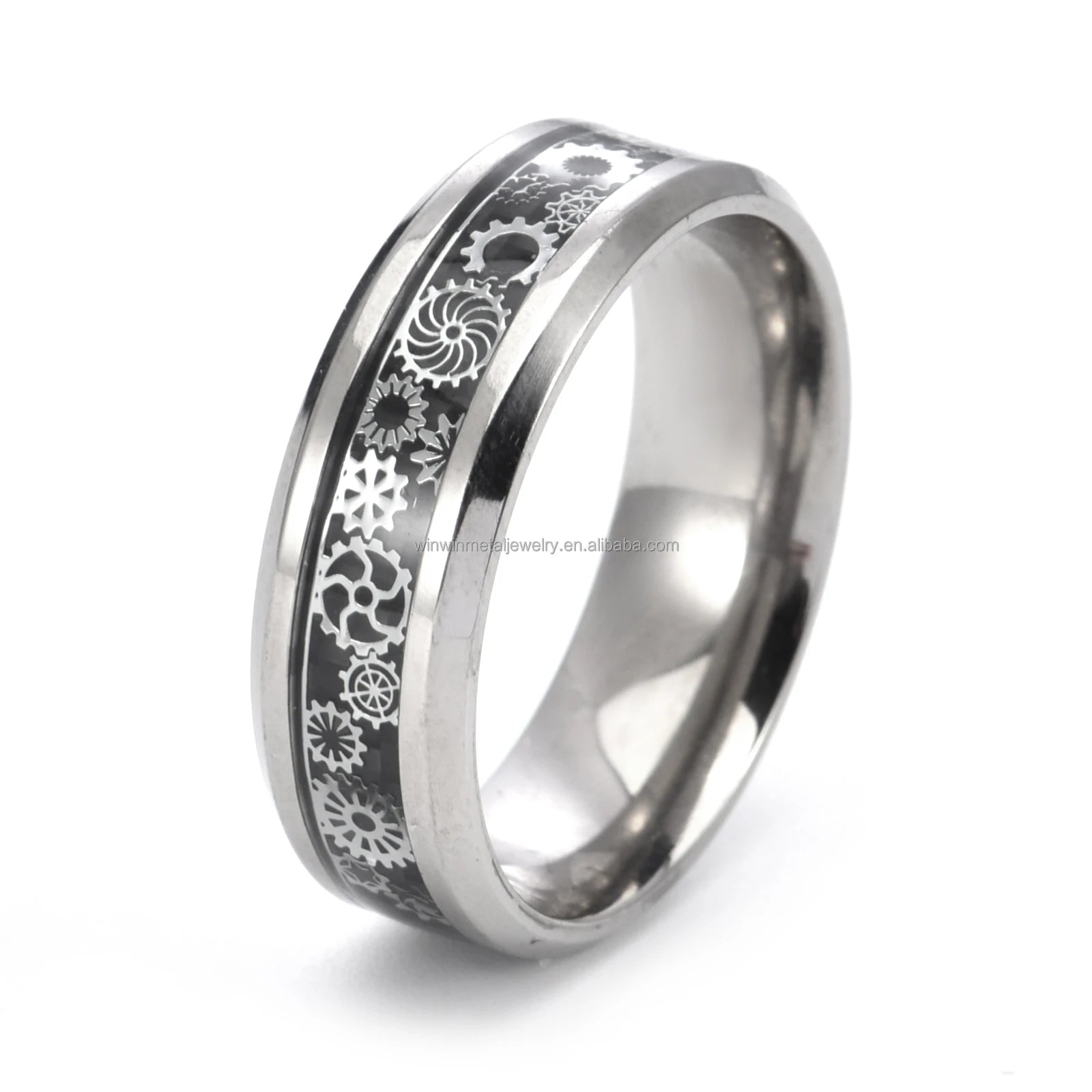 Steampunk Vintage 8mm Carbon Fiber Tungsten Carbide Wedding Band with Diamond Mechanical Wheel Design Engineers' Gift Ideas