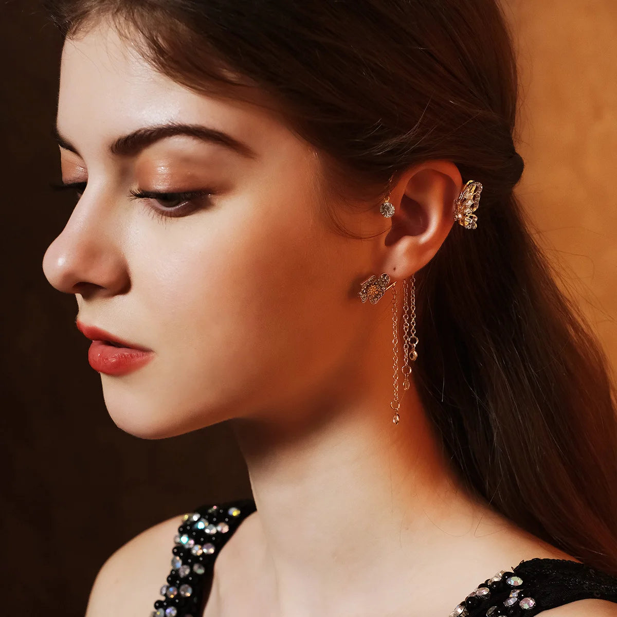Miallo Korean Ear Wrap Butterfly Bling Rhinestone Pendant Tassel Earrings Ear Cuff No Piercing Earring Hooks