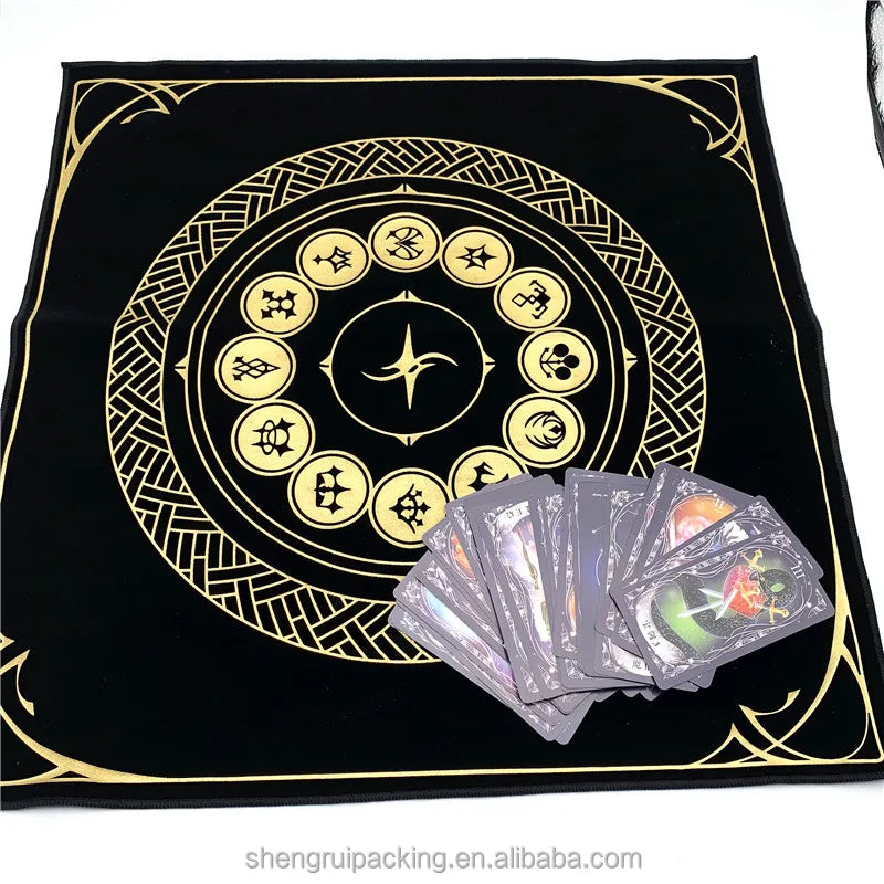 187 X 187 Inches Tarot Altar Cloth for Table Card Spread Reading Full Printing Gold Foil Black Square Velvet Tarot Table Cloth