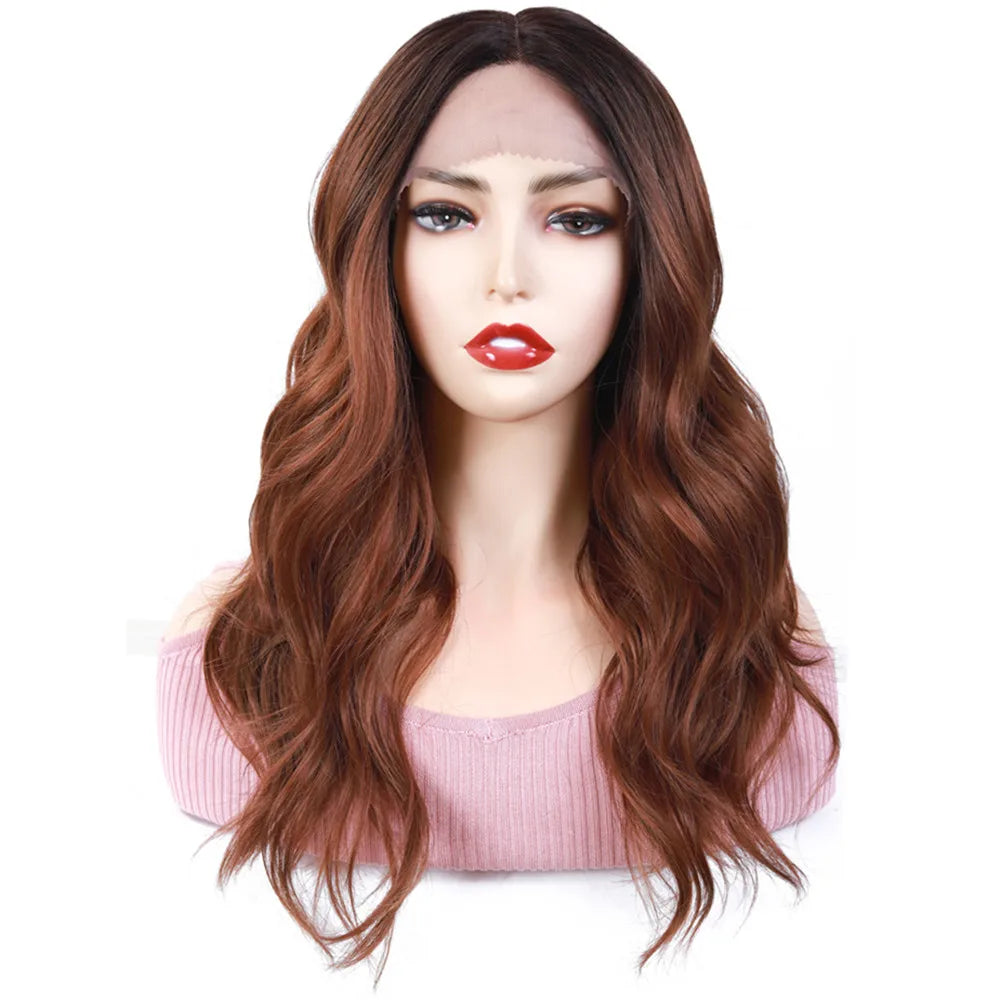 X-TRESS Ombre Brown Natural Wave Synthetic Lace Front Wigs for Women Black Blonde Shoulder Length Heat Resistant L Part Lace Wig